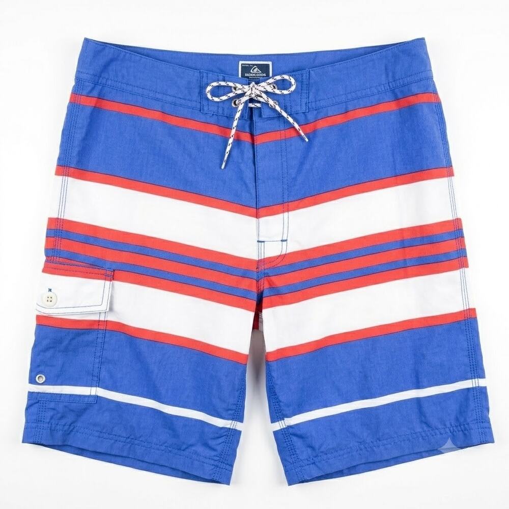 J Crew 9" Long Board Short In Oxford Blue Stripe Lined Pockets Swim Mens 32